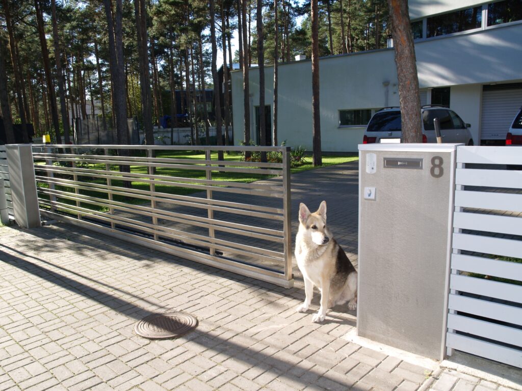 Hansadoori modernne liugvärav elegantse disainiga, valge koer istumas värava kõrval.