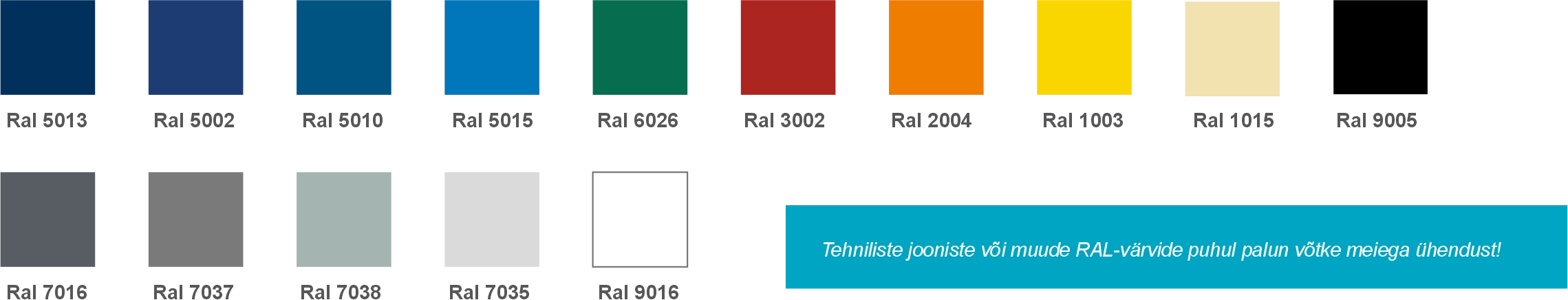 Valik värviproove, sealhulgas tumesinine, sinine, punane, roheline, oranž, valge, helehall, hall, tumehall ja pruun. Eestikeelne tekst tähendab tõlkes nõu küsimist teatud värvide kasutamiseks kiirrullukites.